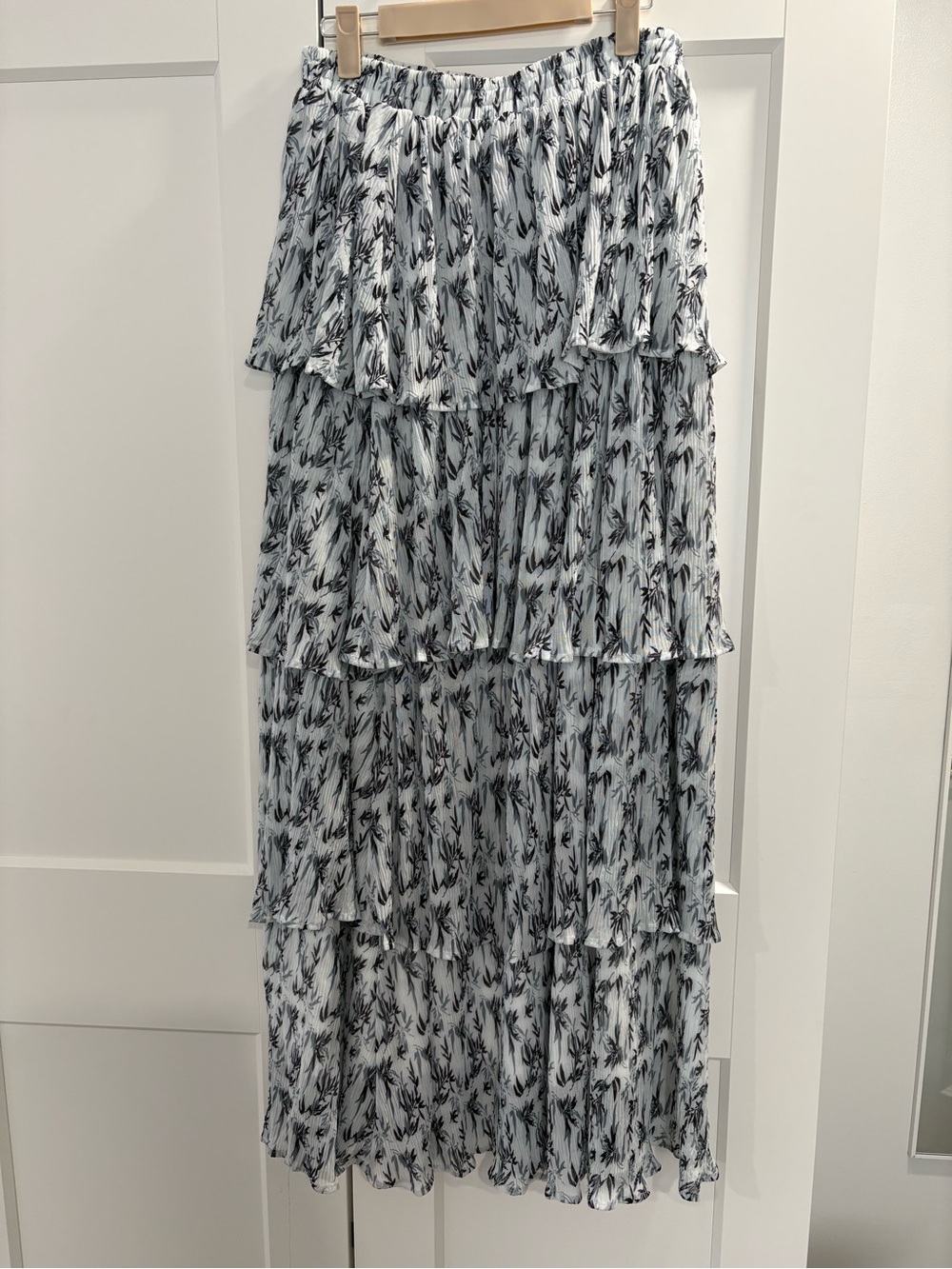 Tiered Maxi Skirt in pale blue/white with Black/gray Floral Motif